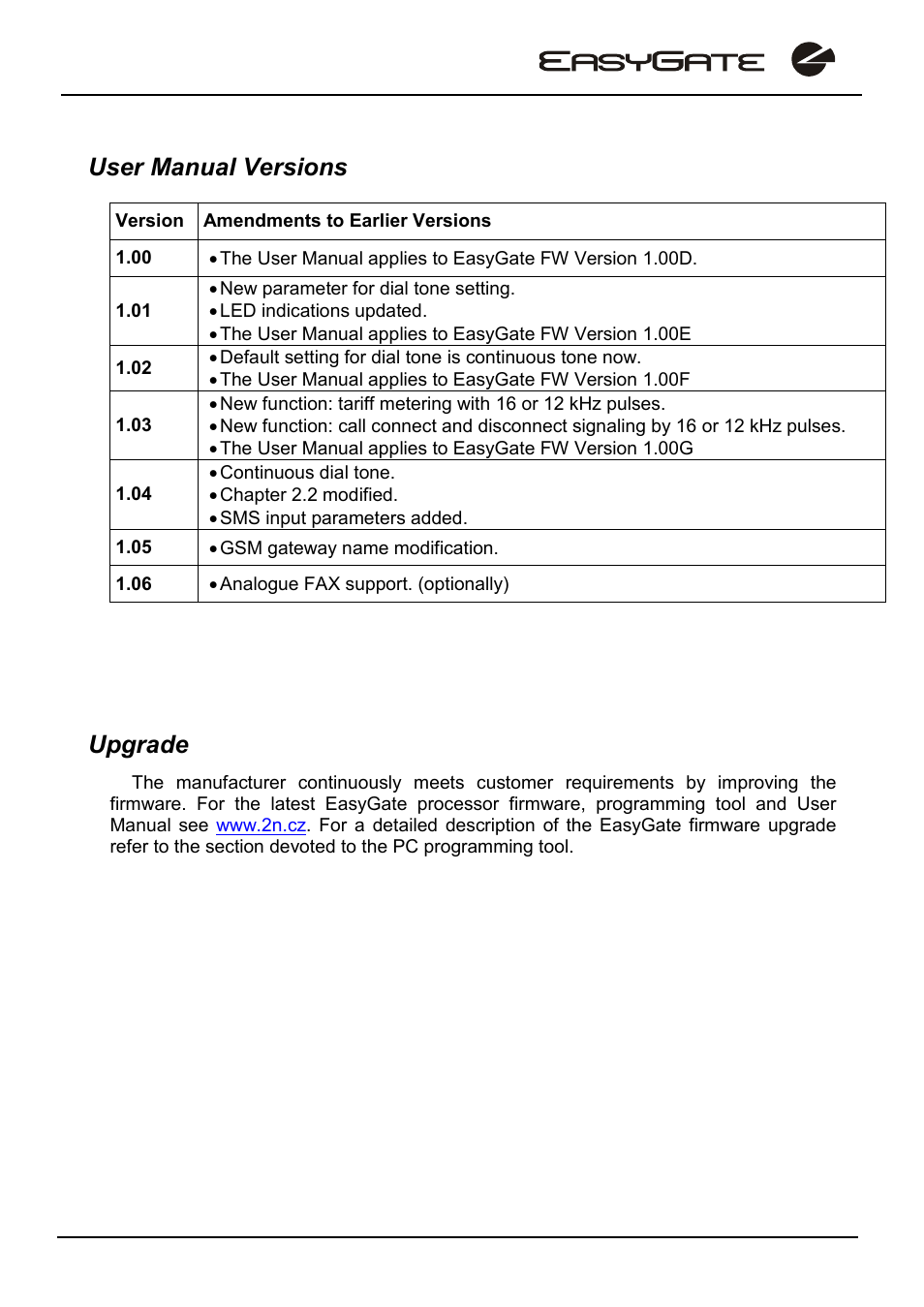 User manual versions, Upgrade | 2N EasyGate - User Manual User Manual | Page 3 / 36