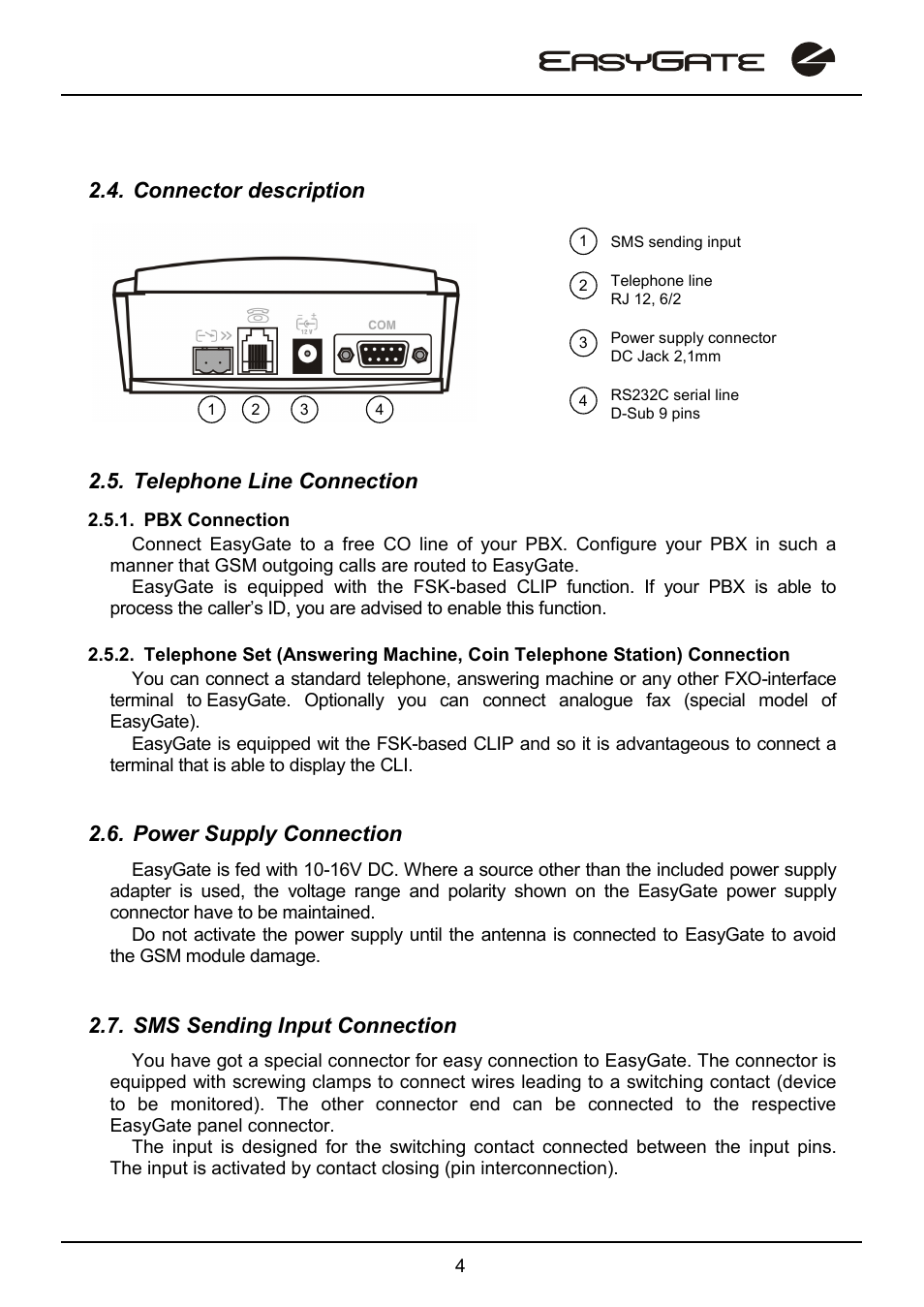 Connector description, Telephone line connection, Power supply connection | Sms sending input connection | 2N EasyGate - User Manual User Manual | Page 9 / 36