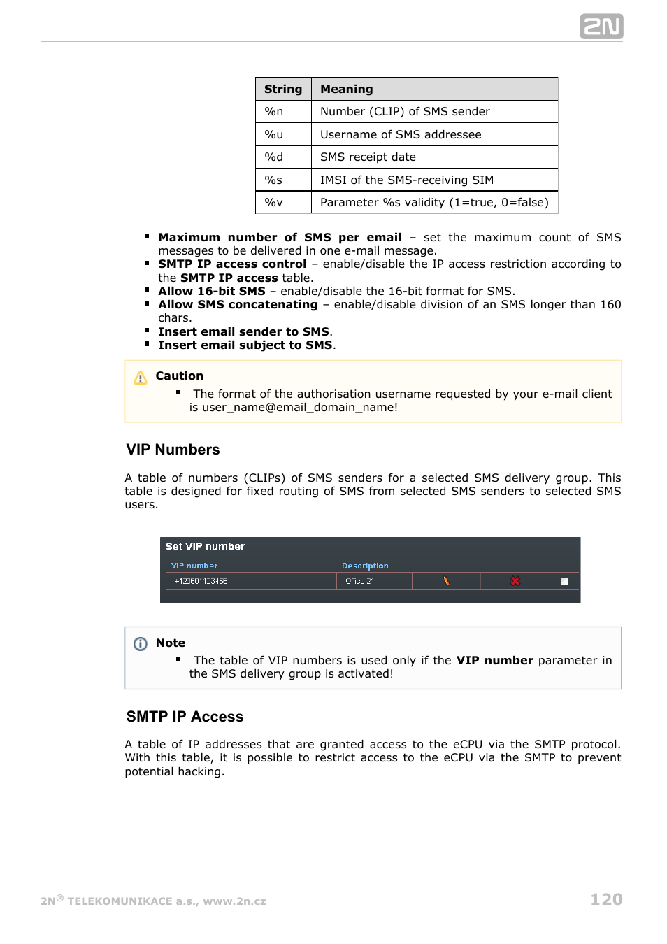 Vip numbers, Smtp ip access | 2N StarGate/BlueTower v5.7 User Manual | Page 120 / 183