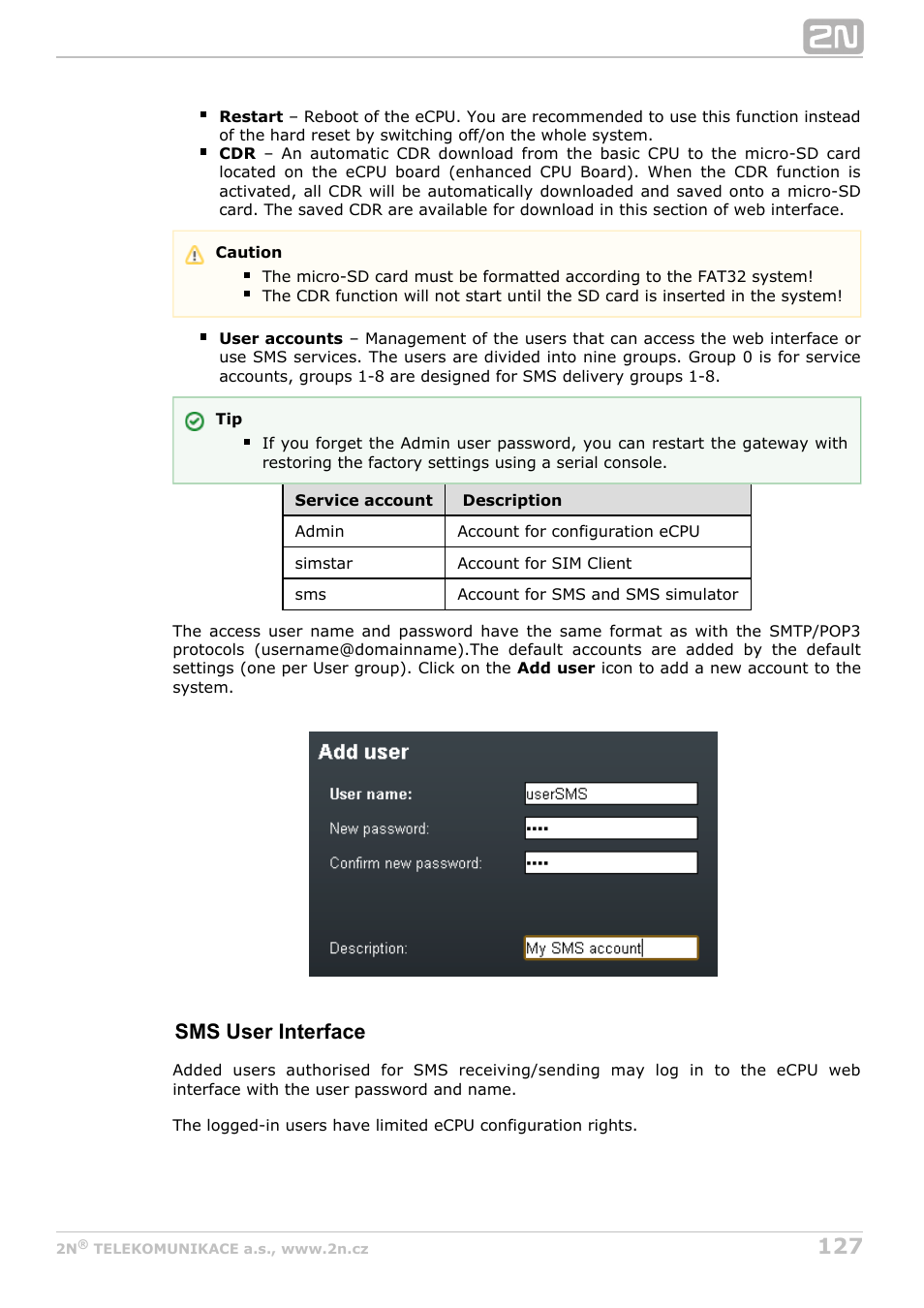 Sms user interface | 2N StarGate/BlueTower v5.7 User Manual | Page 127 / 183