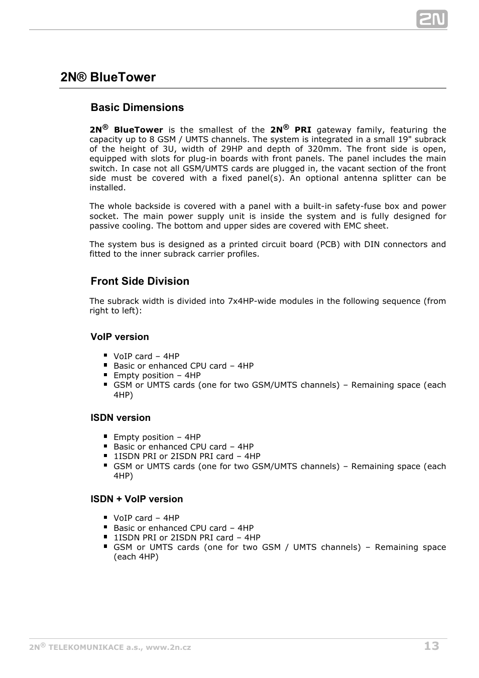 2n® bluetower, Basic dimensions, Front side division | 2N StarGate/BlueTower v5.7 User Manual | Page 13 / 183