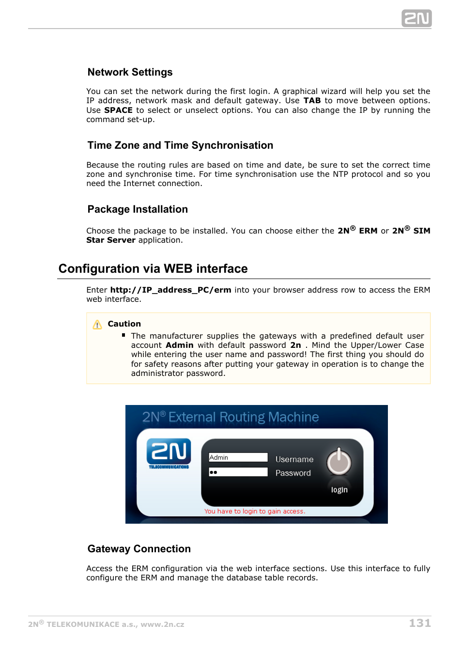 Configuration via web interface, Network settings, Time zone and time synchronisation | Package installation, Gateway connection | 2N StarGate/BlueTower v5.7 User Manual | Page 131 / 183