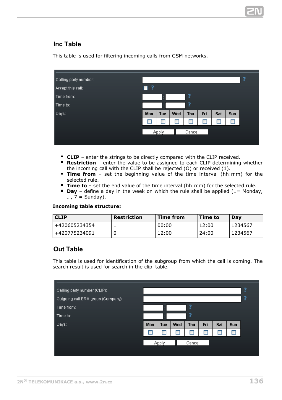 Inc table, Out table | 2N StarGate/BlueTower v5.7 User Manual | Page 136 / 183