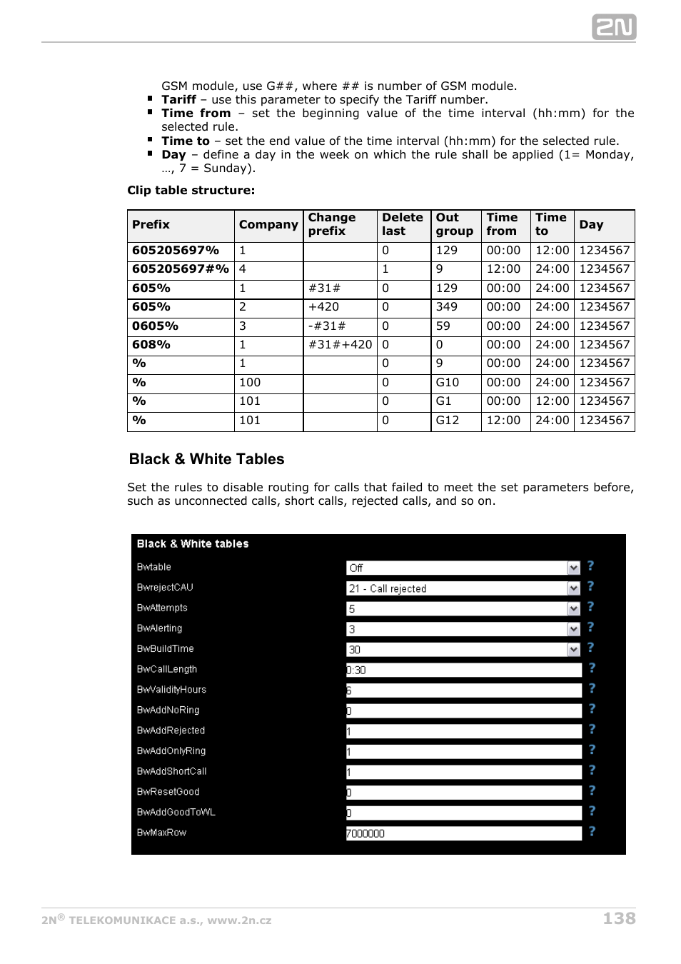 Black & white tables | 2N StarGate/BlueTower v5.7 User Manual | Page 138 / 183