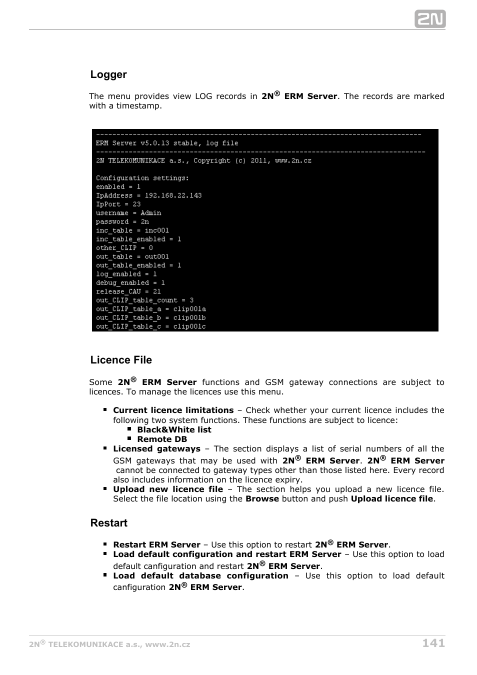 Logger, Licence file, Restart | 2N StarGate/BlueTower v5.7 User Manual | Page 141 / 183