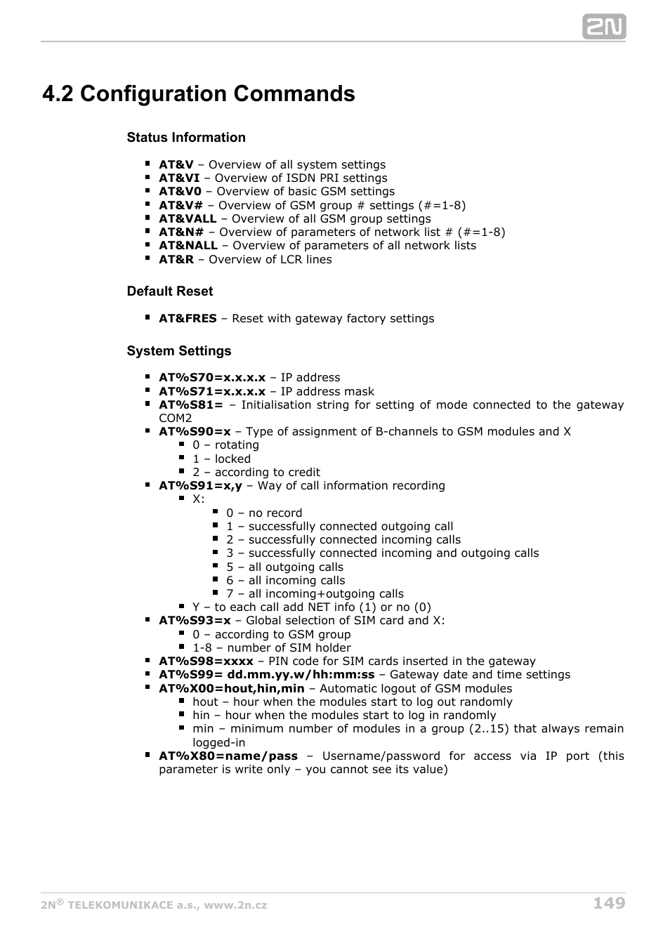 2 configuration commands | 2N StarGate/BlueTower v5.7 User Manual | Page 149 / 183