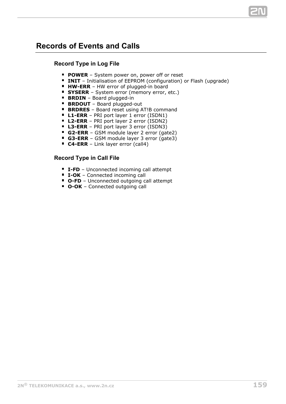 Records of events and calls | 2N StarGate/BlueTower v5.7 User Manual | Page 159 / 183
