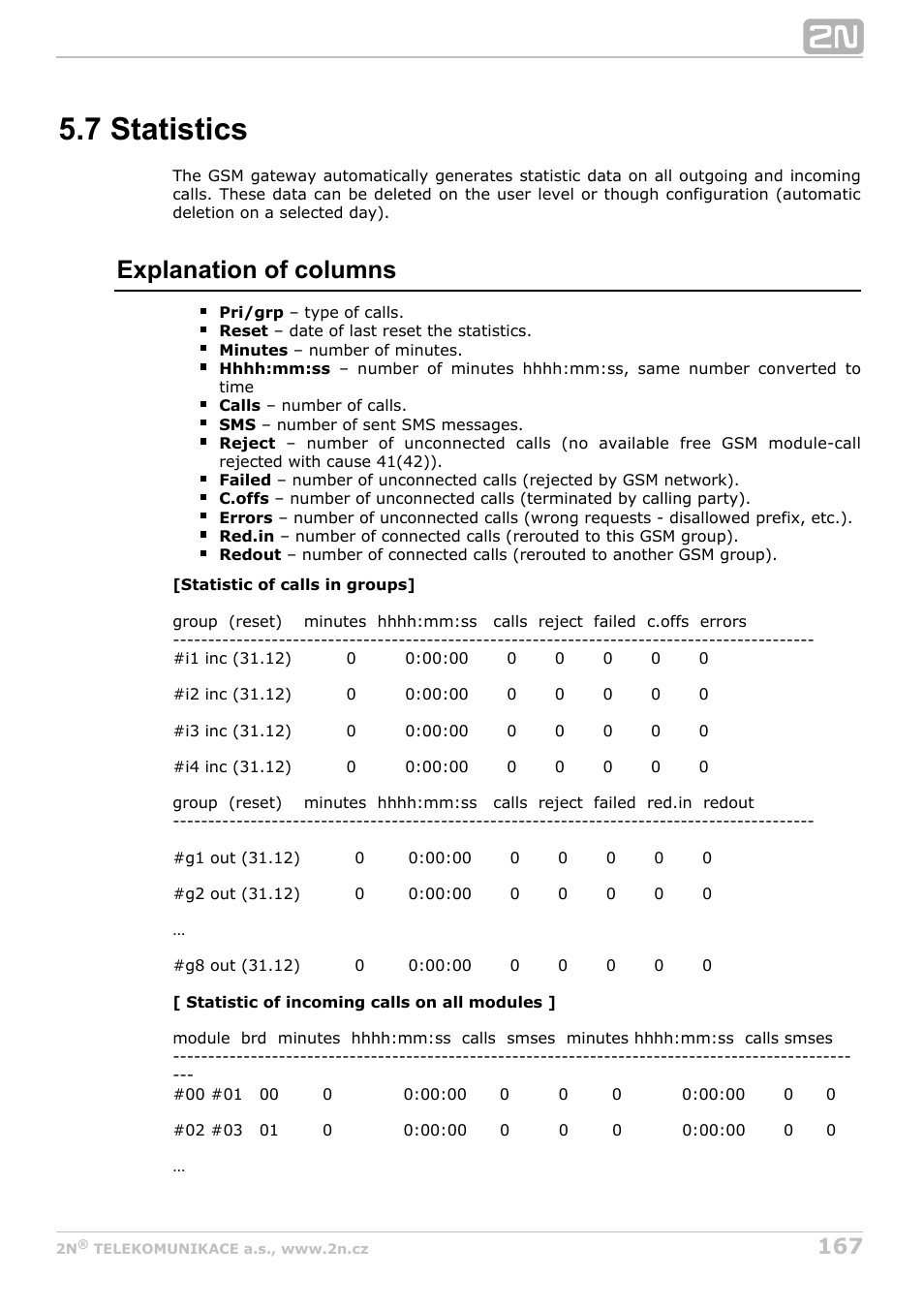 7 statistics, Explanation of columns | 2N StarGate/BlueTower v5.7 User Manual | Page 167 / 183