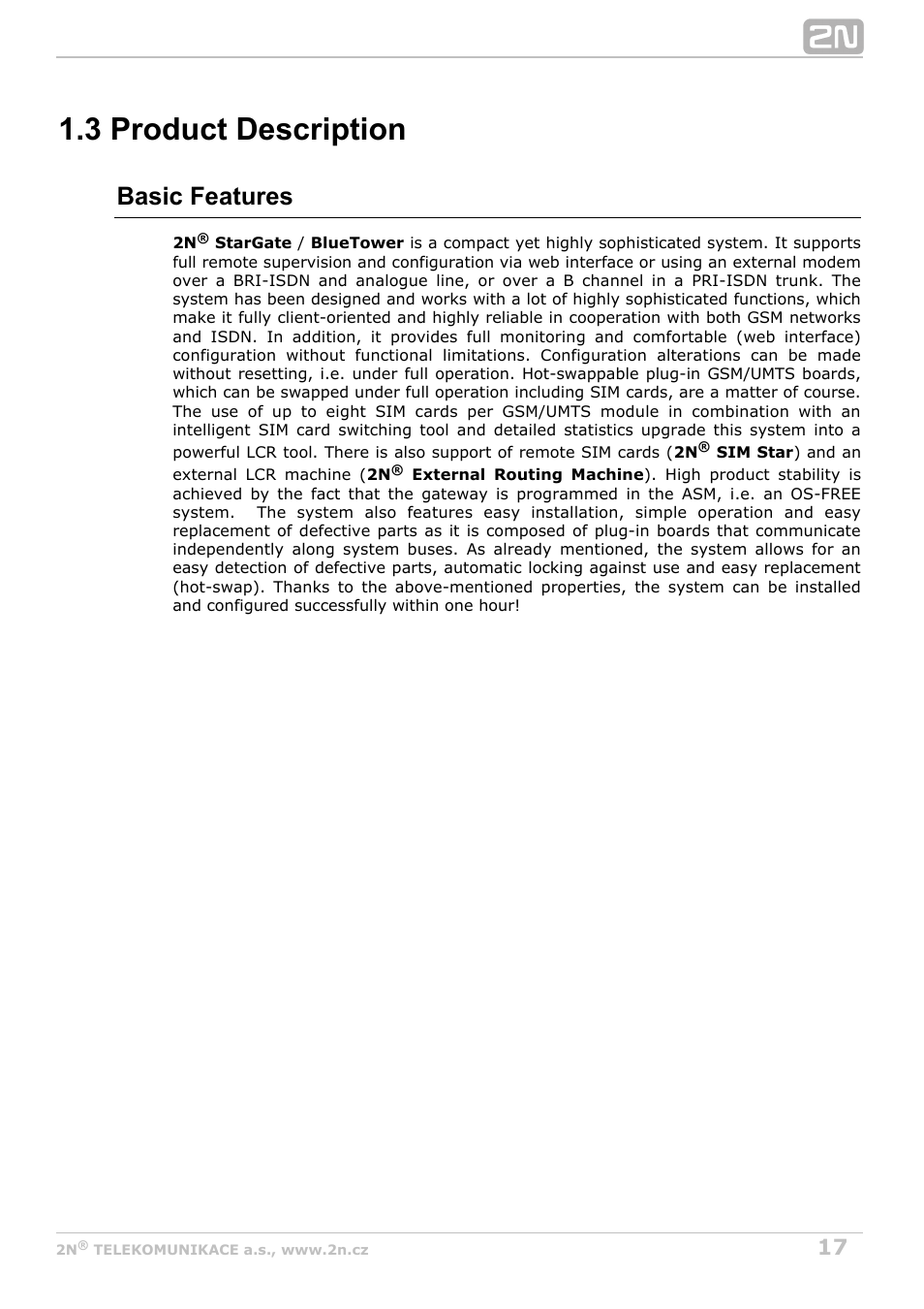 3 product description, Basic features | 2N StarGate/BlueTower v5.7 User Manual | Page 17 / 183