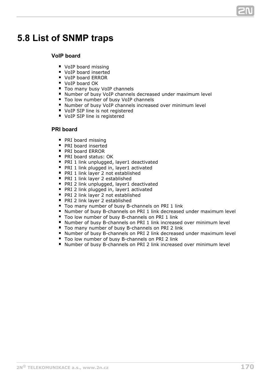 8 list of snmp traps | 2N StarGate/BlueTower v5.7 User Manual | Page 170 / 183