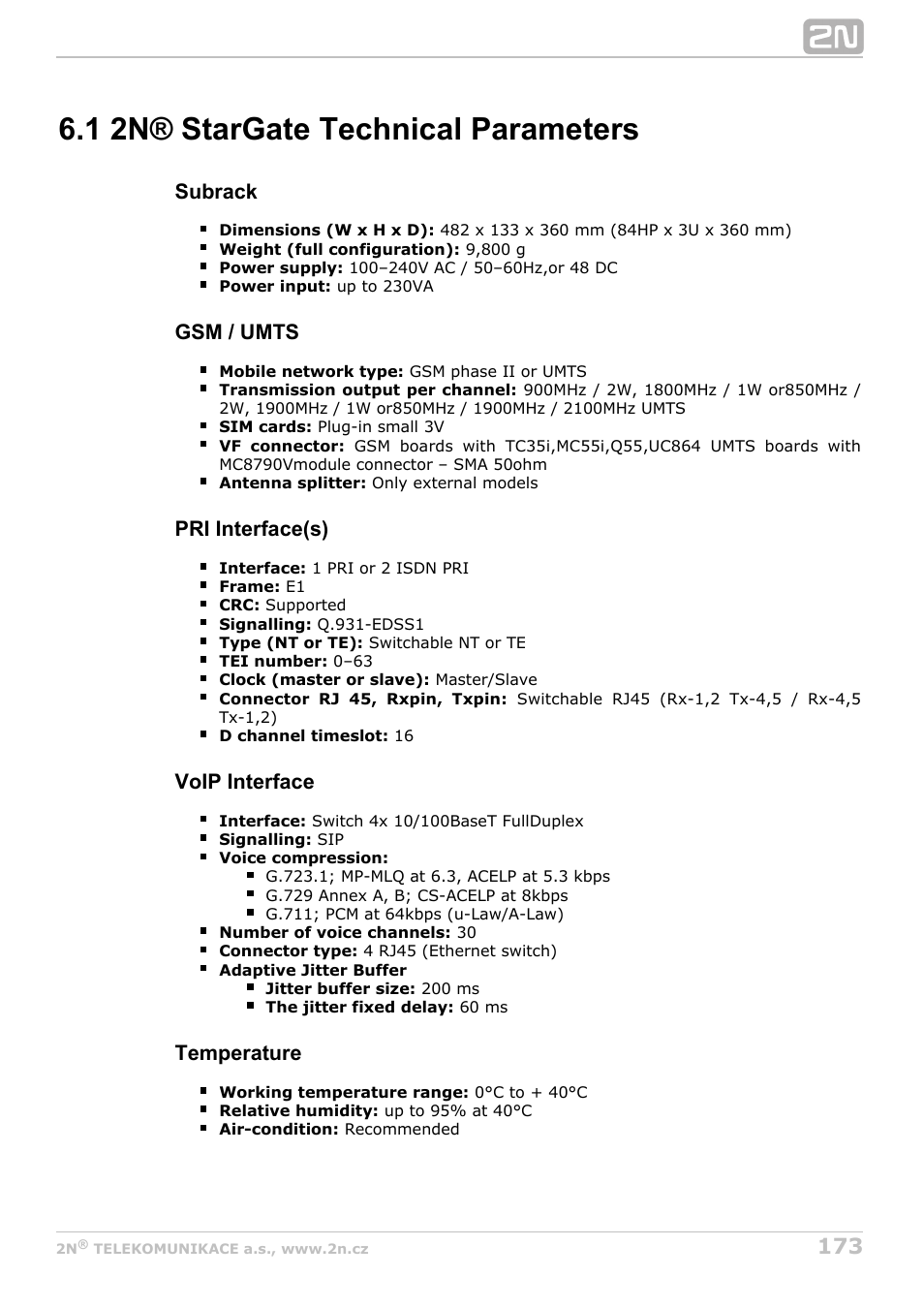 1 2n® stargate technical parameters | 2N StarGate/BlueTower v5.7 User Manual | Page 173 / 183