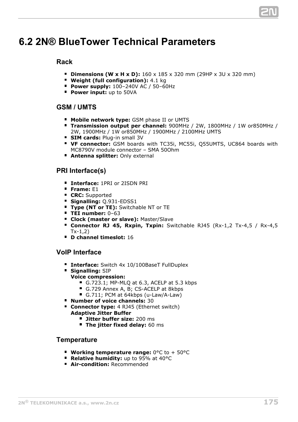 2 2n® bluetower technical parameters | 2N StarGate/BlueTower v5.7 User Manual | Page 175 / 183