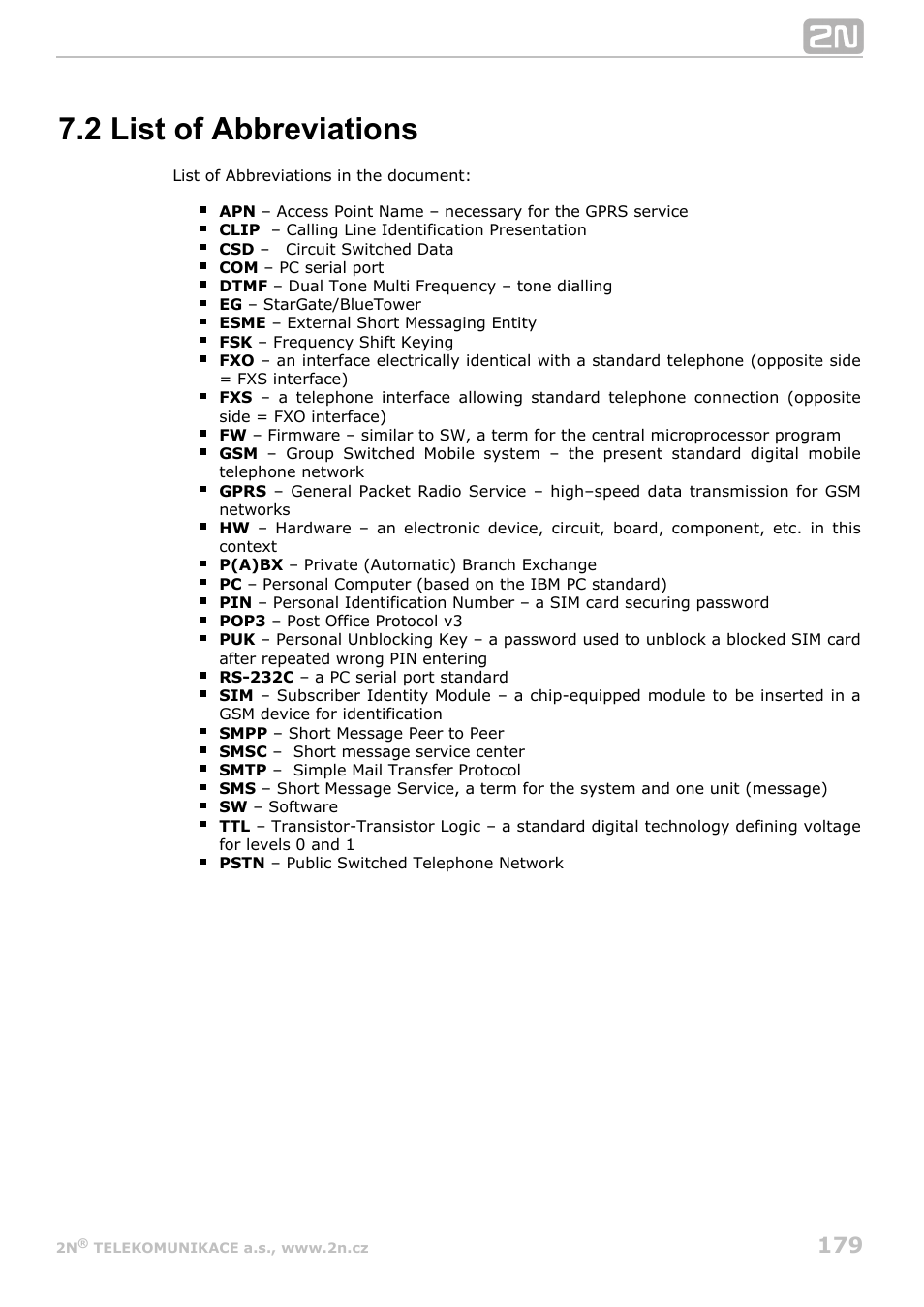 2 list of abbreviations | 2N StarGate/BlueTower v5.7 User Manual | Page 179 / 183