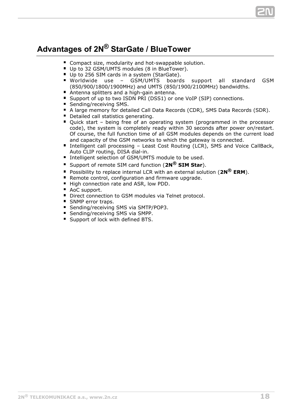 Advantages of 2n stargate / bluetower | 2N StarGate/BlueTower v5.7 User Manual | Page 18 / 183