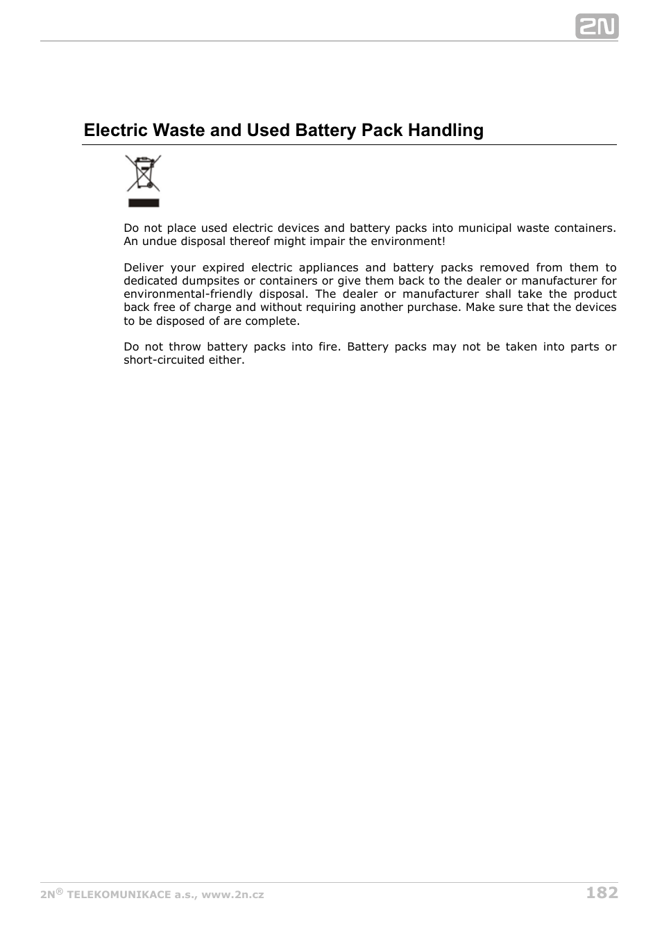 Electric waste and used battery pack handling | 2N StarGate/BlueTower v5.7 User Manual | Page 182 / 183