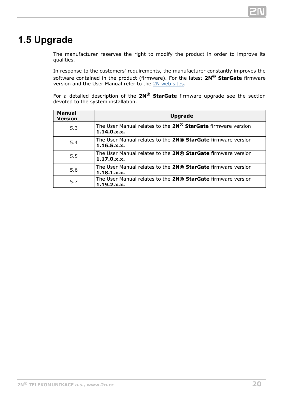 5 upgrade | 2N StarGate/BlueTower v5.7 User Manual | Page 20 / 183