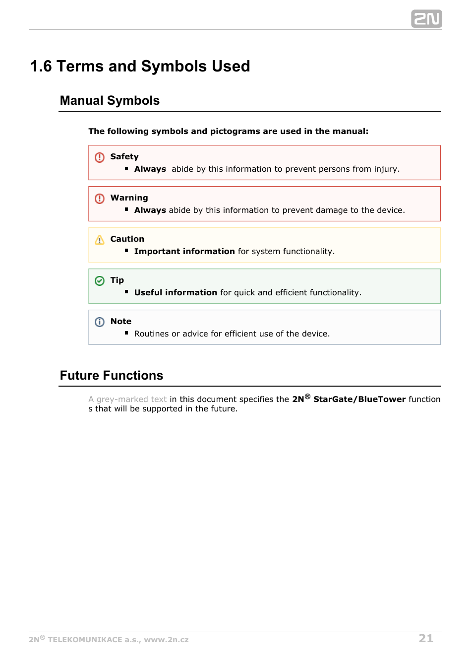 6 terms and symbols used, Manual symbols, Future functions | 2N StarGate/BlueTower v5.7 User Manual | Page 21 / 183