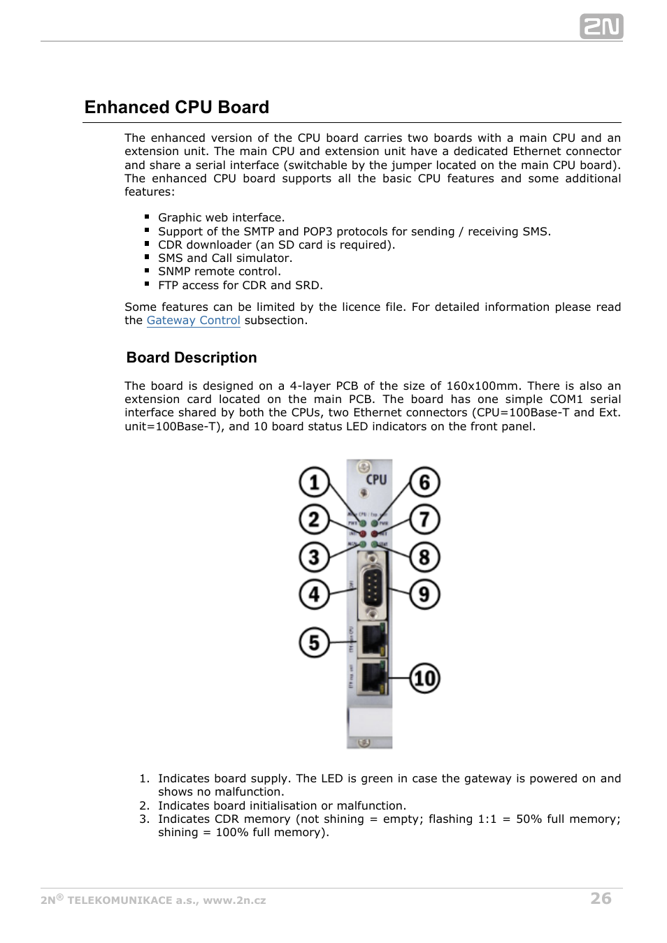 Enhanced cpu board, Board description | 2N StarGate/BlueTower v5.7 User Manual | Page 26 / 183