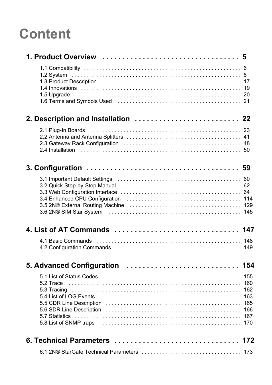 Content, Product overview, Description and installation | Configuration, List of at commands, Advanced configuration, Technical parameters | 2N StarGate/BlueTower v5.7 User Manual | Page 3 / 183