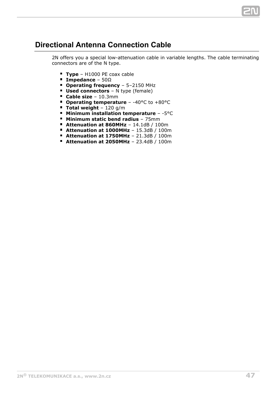 Directional antenna connection cable | 2N StarGate/BlueTower v5.7 User Manual | Page 47 / 183