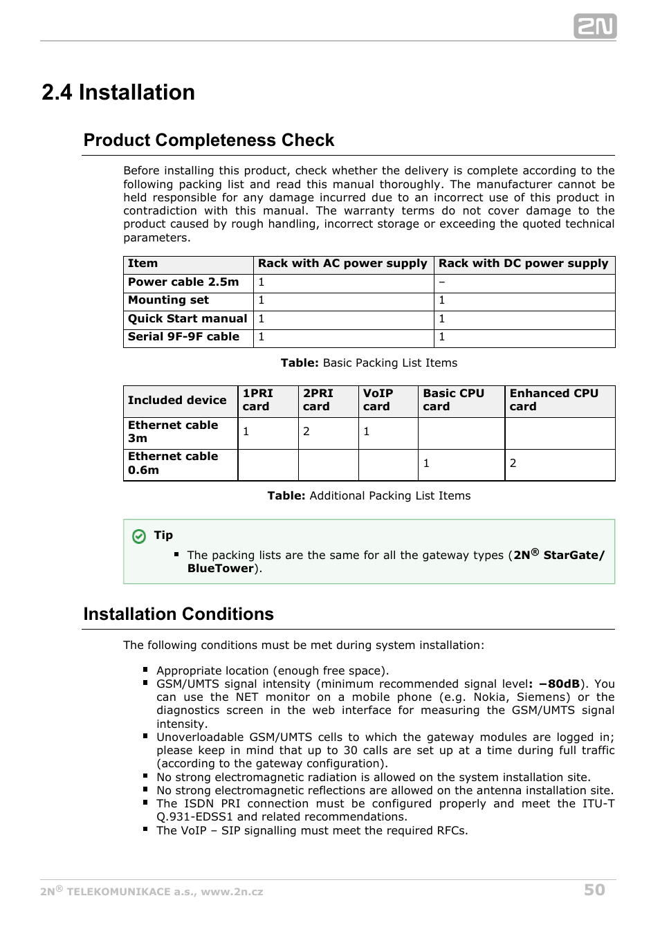 4 installation, Product completeness check, Installation conditions | 2N StarGate/BlueTower v5.7 User Manual | Page 50 / 183