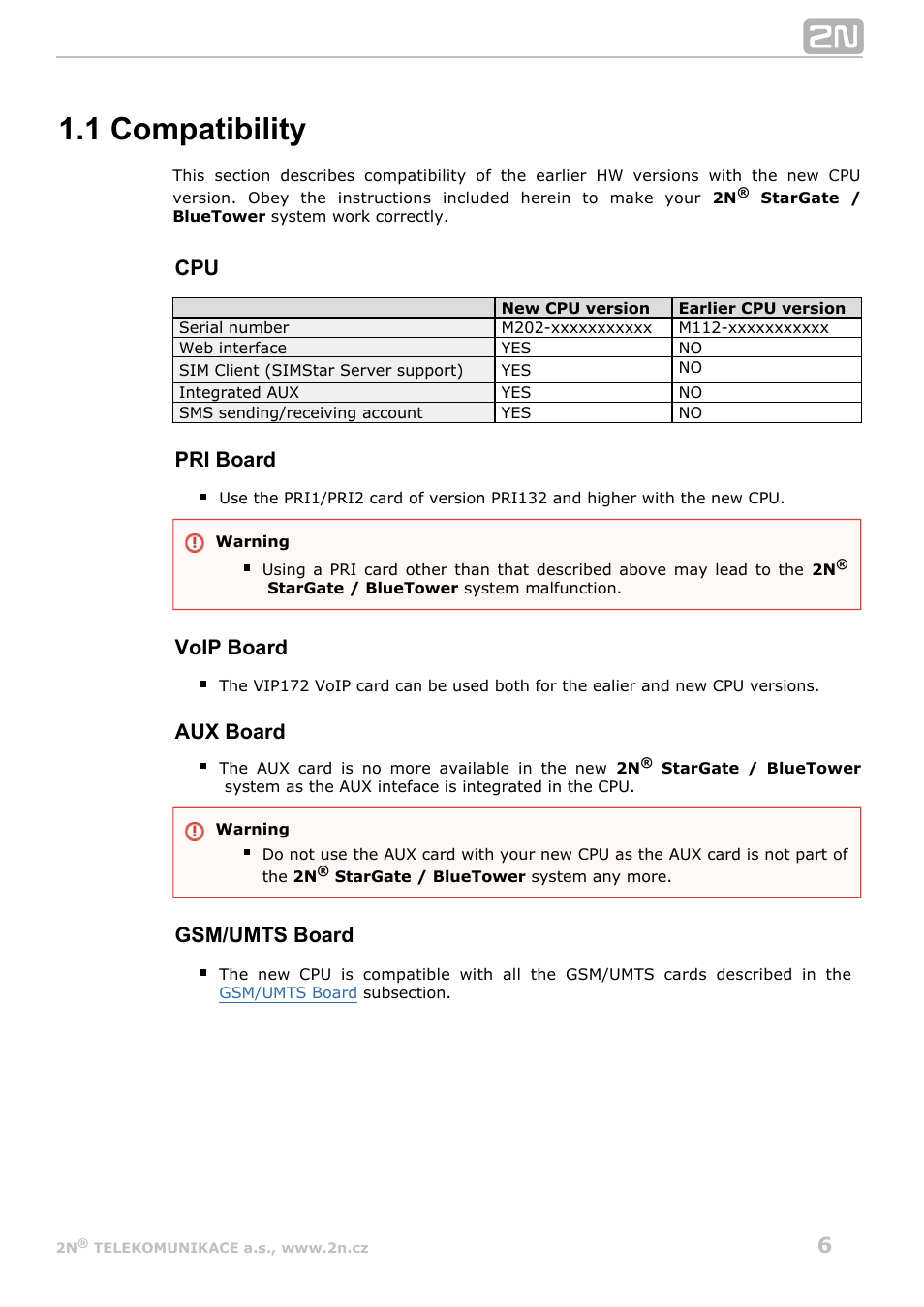 1 compatibility, Pri board, Voip board | Aux board, Gsm/umts board | 2N StarGate/BlueTower v5.7 User Manual | Page 6 / 183