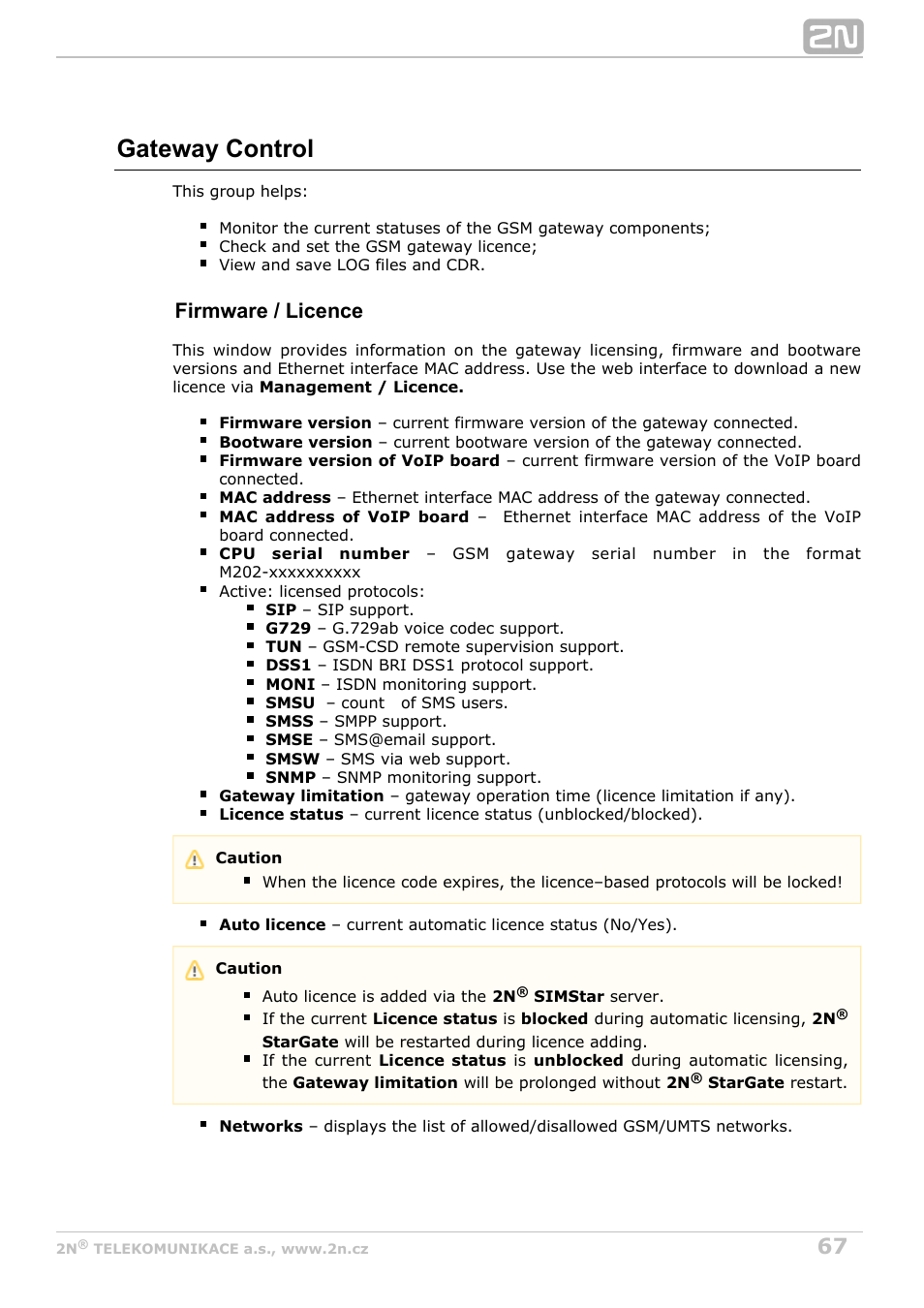 Gateway control, Firmware / licence | 2N StarGate/BlueTower v5.7 User Manual | Page 67 / 183