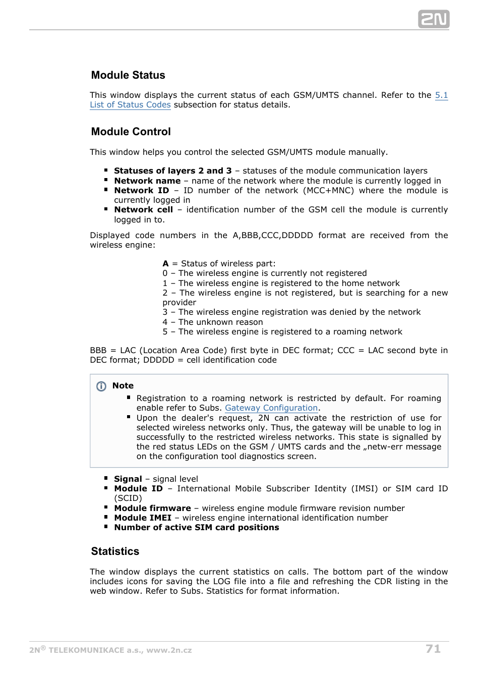 Module status, Module control, Statistics | 2N StarGate/BlueTower v5.7 User Manual | Page 71 / 183