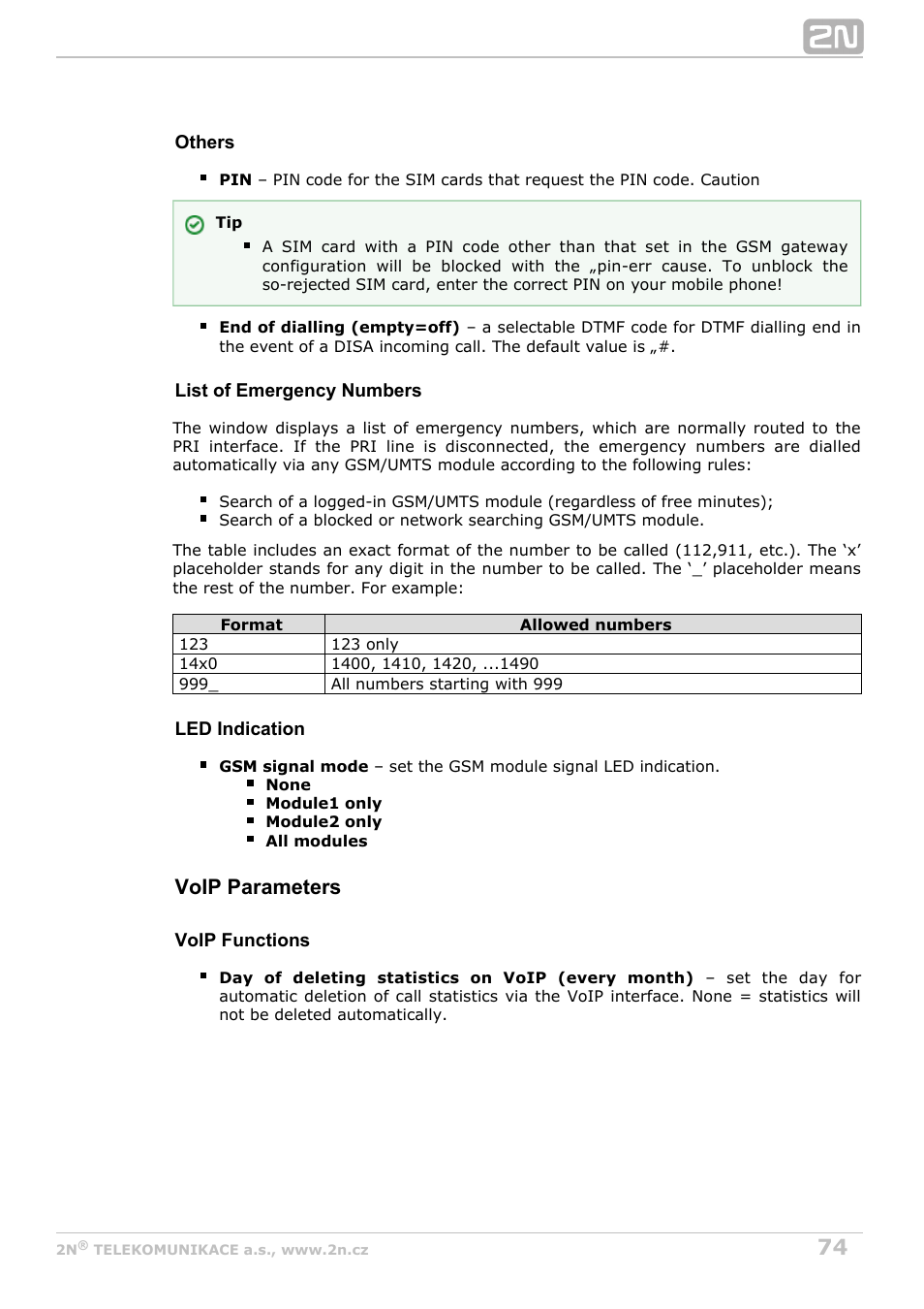 Voip parameters | 2N StarGate/BlueTower v5.7 User Manual | Page 74 / 183