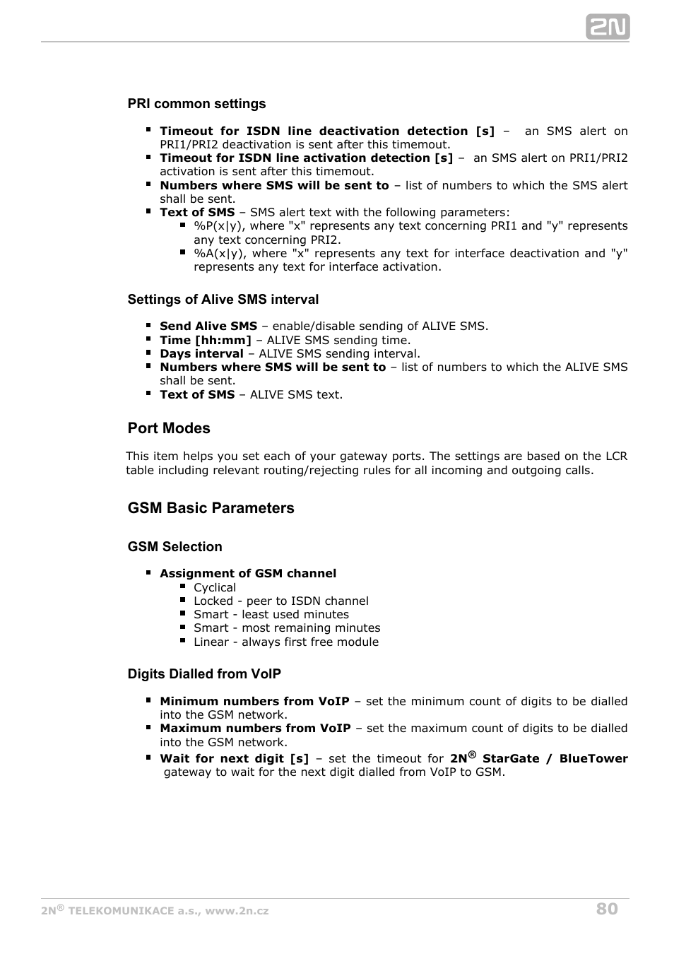 Port modes, Gsm basic parameters | 2N StarGate/BlueTower v5.7 User Manual | Page 80 / 183