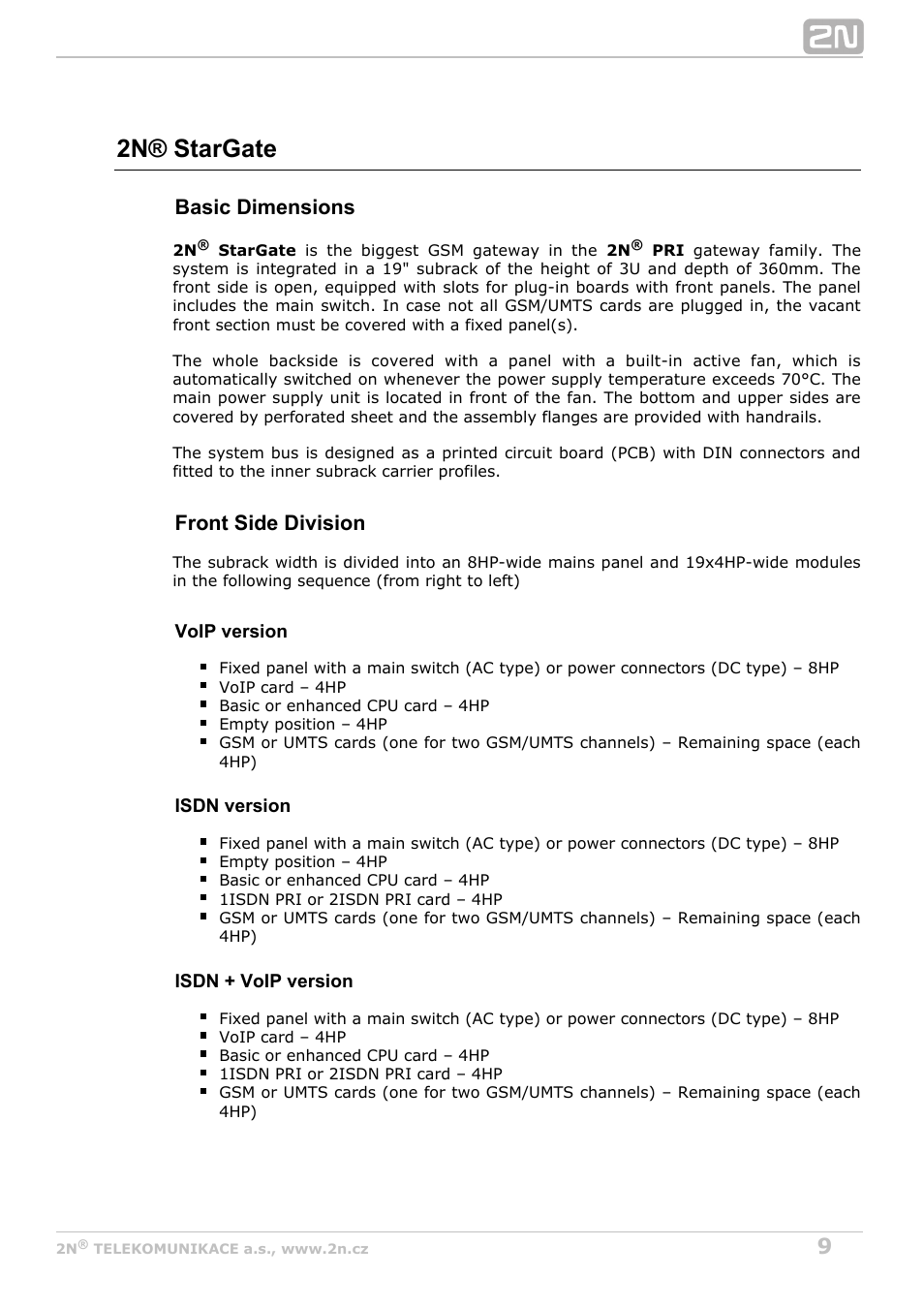 2n® stargate, Basic dimensions, Front side division | 2N StarGate/BlueTower v5.7 User Manual | Page 9 / 183