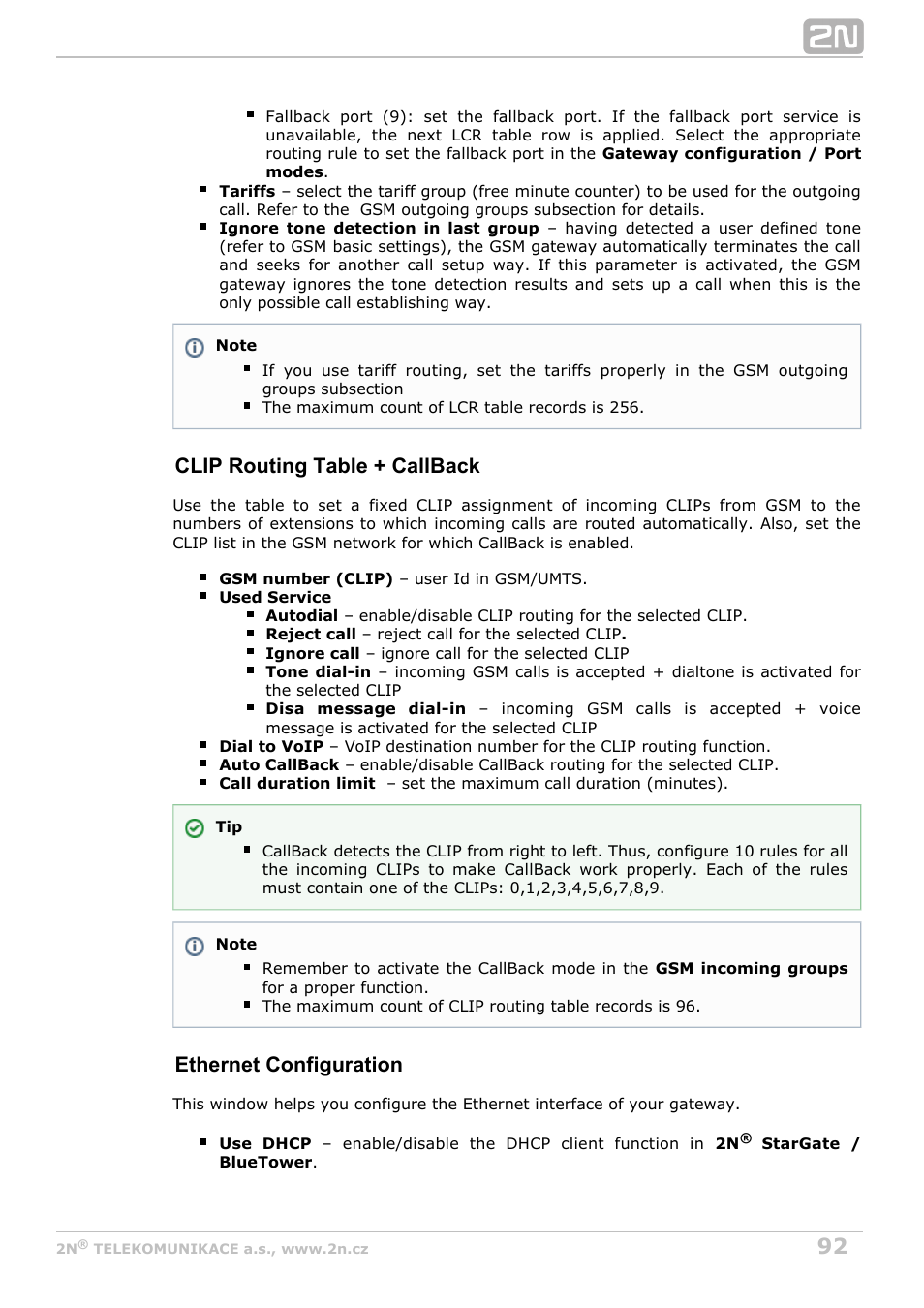 Clip routing table + callback, Ethernet configuration | 2N StarGate/BlueTower v5.7 User Manual | Page 92 / 183