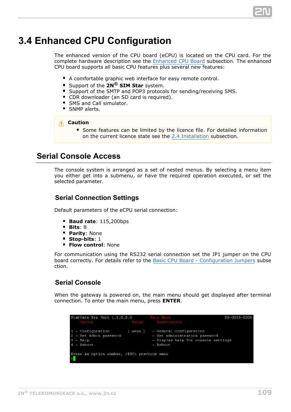 4 enhanced cpu configuration, Serial console access, Serial connection settings | Serial console | 2N StarGate/BlueTower v5.6 User Manual | Page 109 / 178