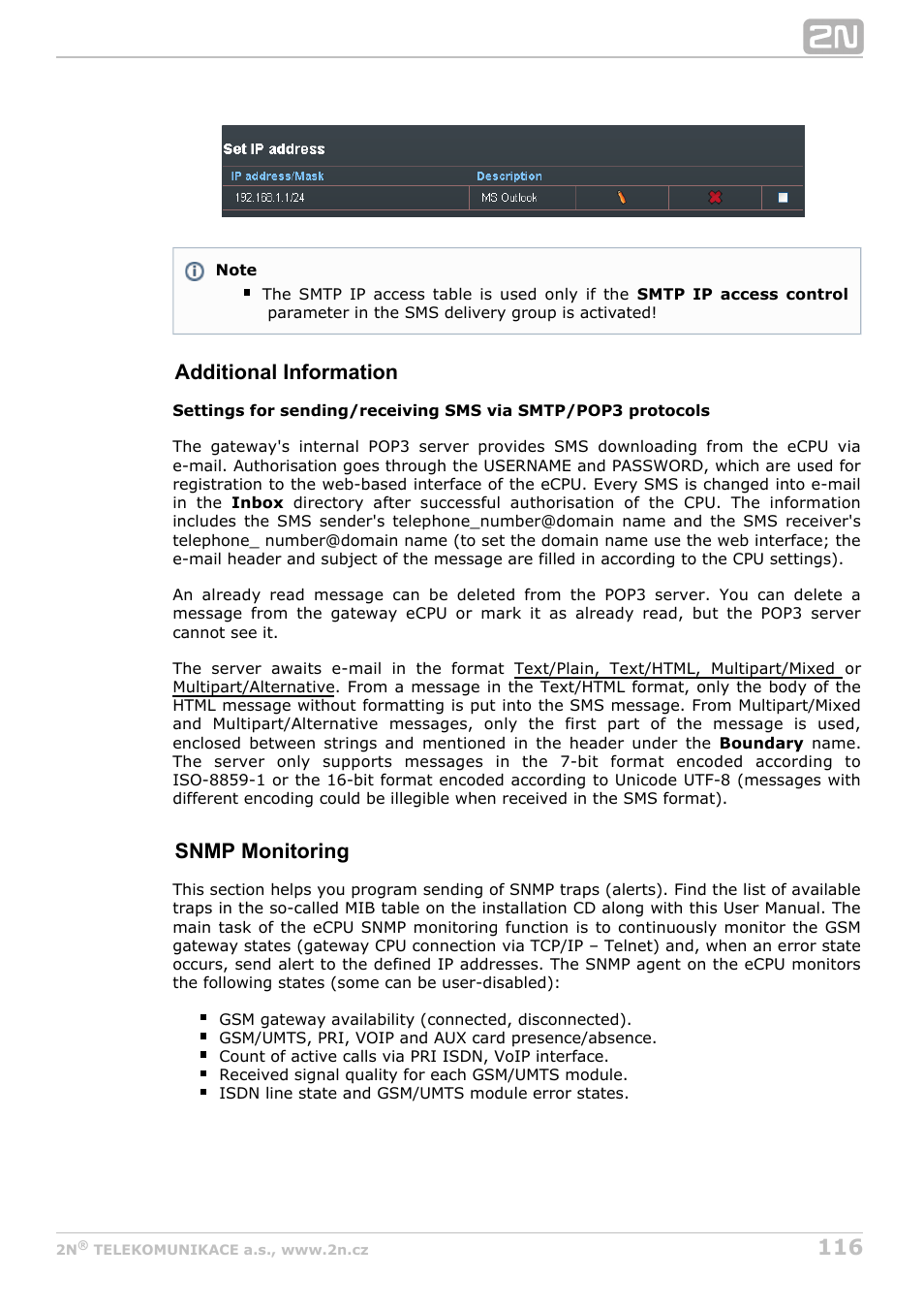 Additional information, Snmp monitoring | 2N StarGate/BlueTower v5.6 User Manual | Page 116 / 178