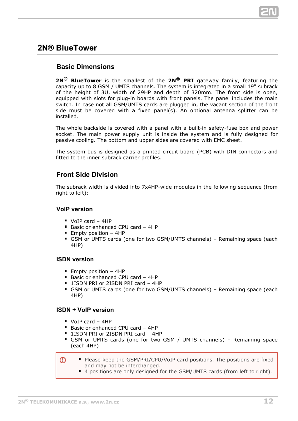 2n® bluetower, Basic dimensions, Front side division | 2N StarGate/BlueTower v5.6 User Manual | Page 12 / 178