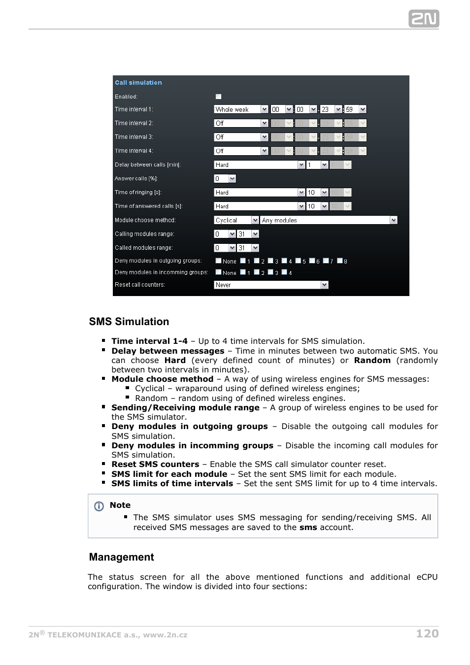 Sms simulation, Management | 2N StarGate/BlueTower v5.6 User Manual | Page 120 / 178