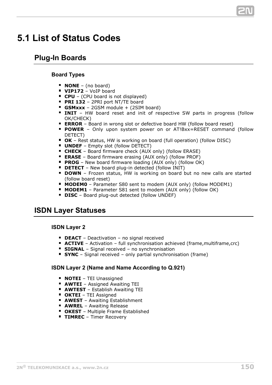 1 list of status codes, List of status codes, Plug-in boards | Isdn layer statuses | 2N StarGate/BlueTower v5.6 User Manual | Page 150 / 178