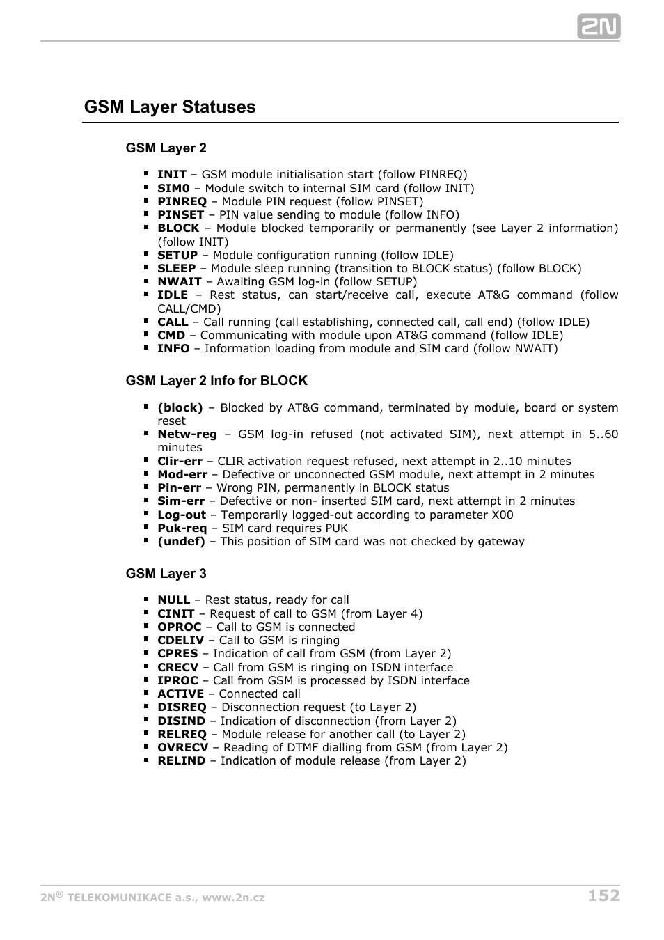 Gsm layer statuses | 2N StarGate/BlueTower v5.6 User Manual | Page 152 / 178