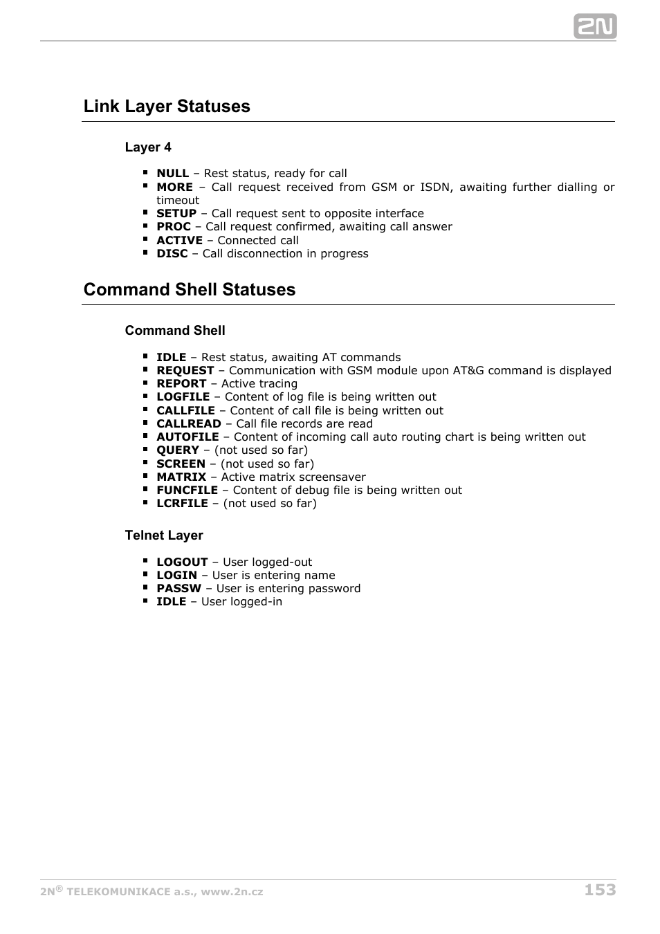 Link layer statuses, Command shell statuses | 2N StarGate/BlueTower v5.6 User Manual | Page 153 / 178
