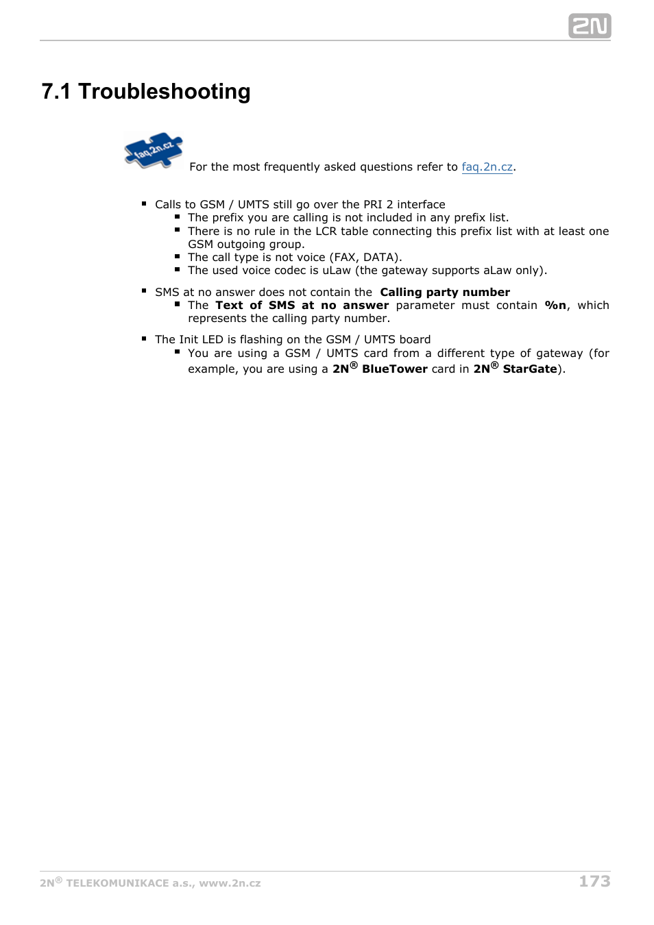 1 troubleshooting | 2N StarGate/BlueTower v5.6 User Manual | Page 173 / 178