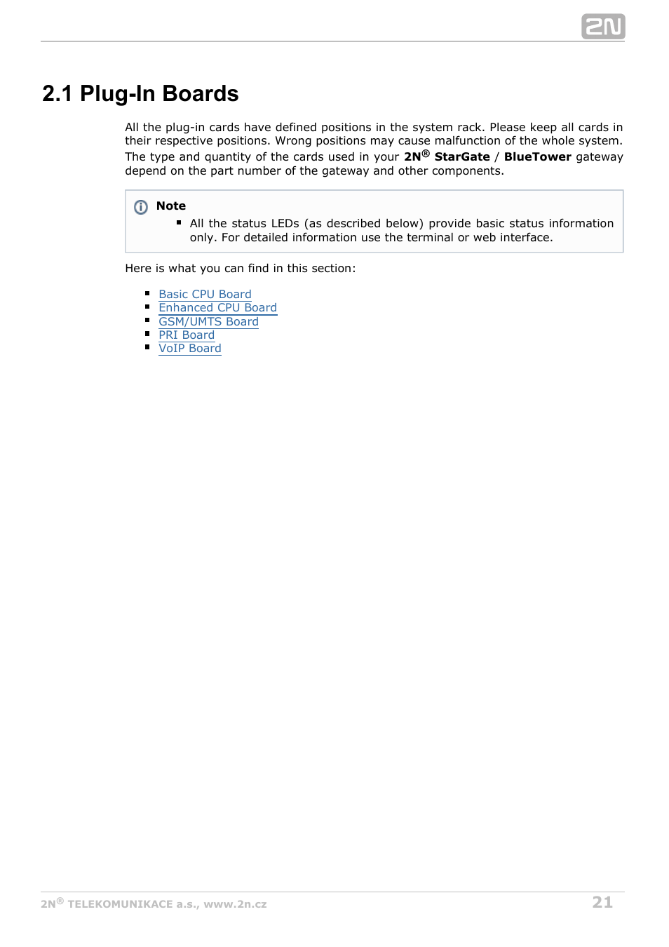 1 plug-in boards | 2N StarGate/BlueTower v5.6 User Manual | Page 21 / 178