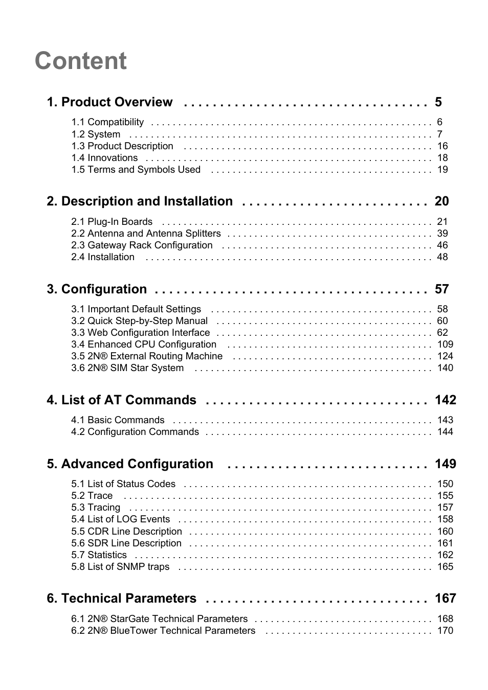 Content, Product overview, Description and installation | Configuration, List of at commands, Advanced configuration, Technical parameters | 2N StarGate/BlueTower v5.6 User Manual | Page 3 / 178