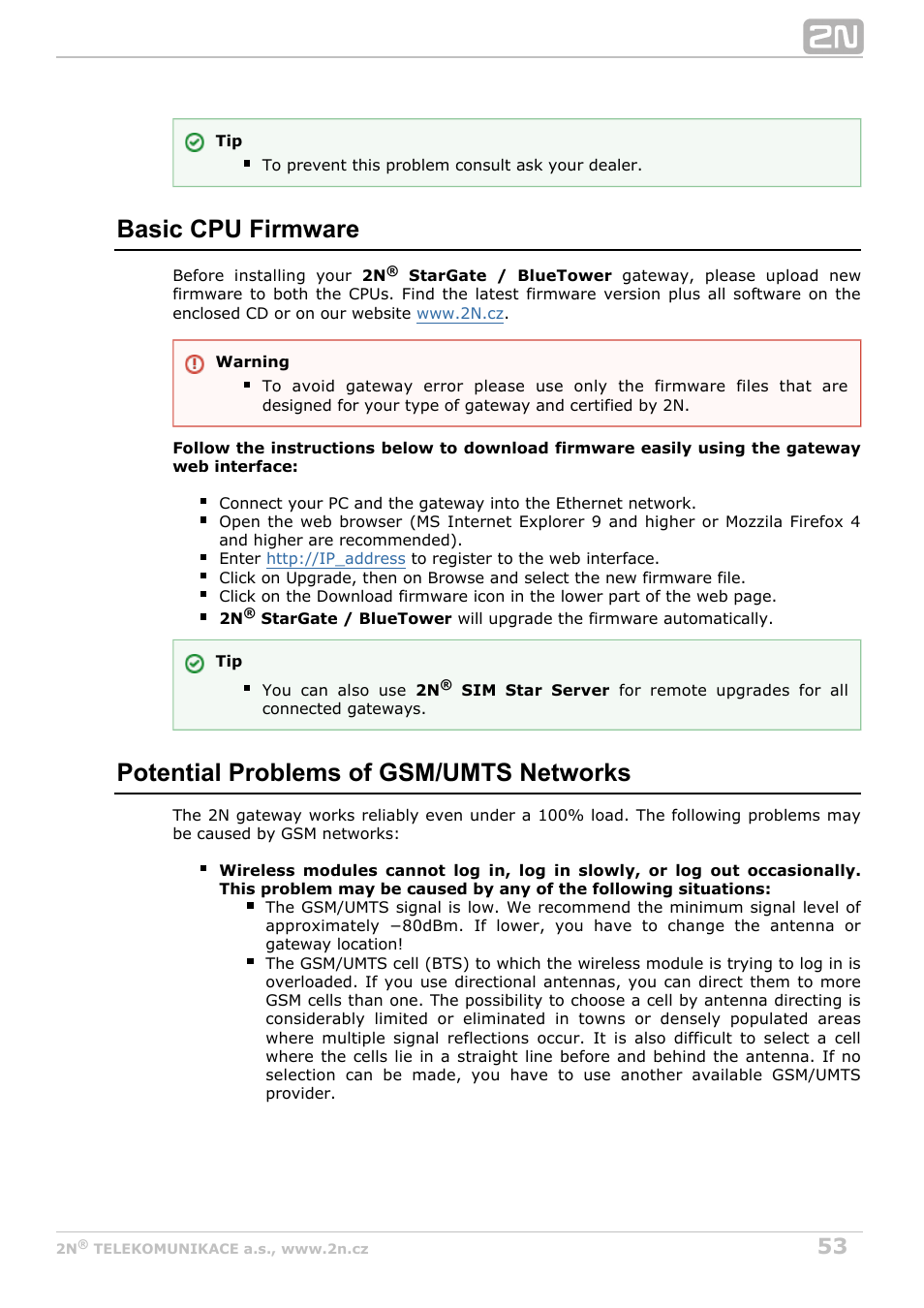 Basic cpu firmware, Potential problems of gsm/umts networks | 2N StarGate/BlueTower v5.6 User Manual | Page 53 / 178