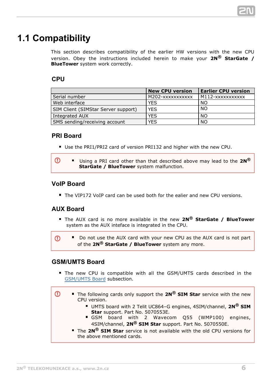 1 compatibility, Pri board, Voip board | Aux board, Gsm/umts board | 2N StarGate/BlueTower v5.6 User Manual | Page 6 / 178