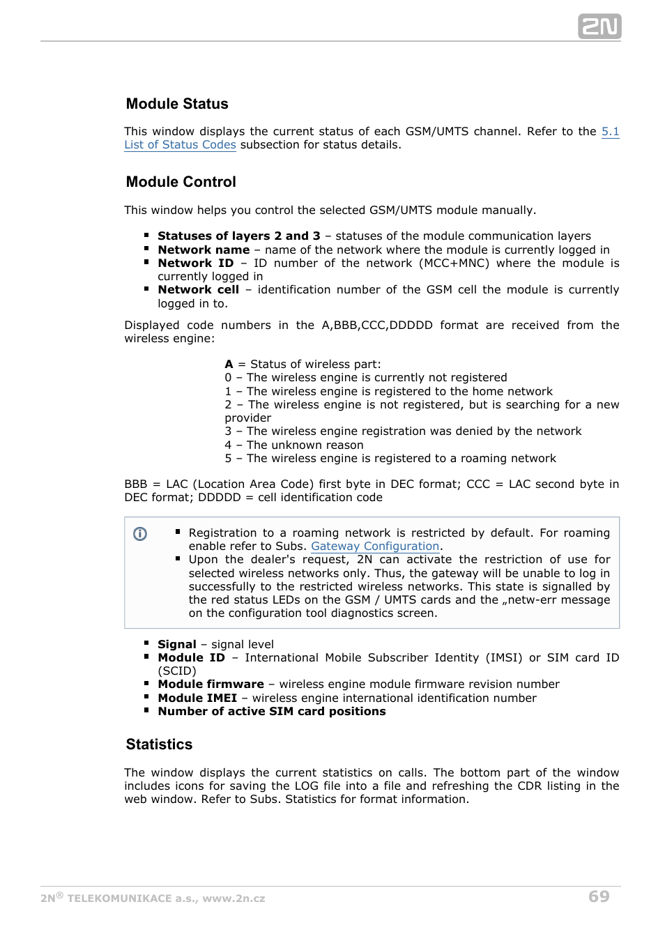 Module status, Module control, Statistics | 2N StarGate/BlueTower v5.6 User Manual | Page 69 / 178