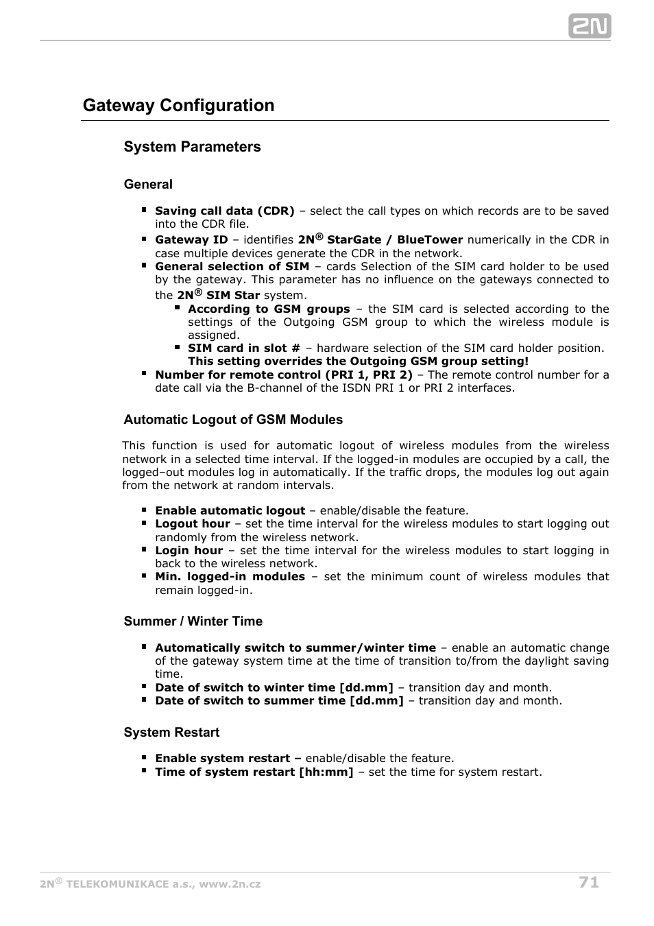 Gateway configuration, System parameters | 2N StarGate/BlueTower v5.6 User Manual | Page 71 / 178