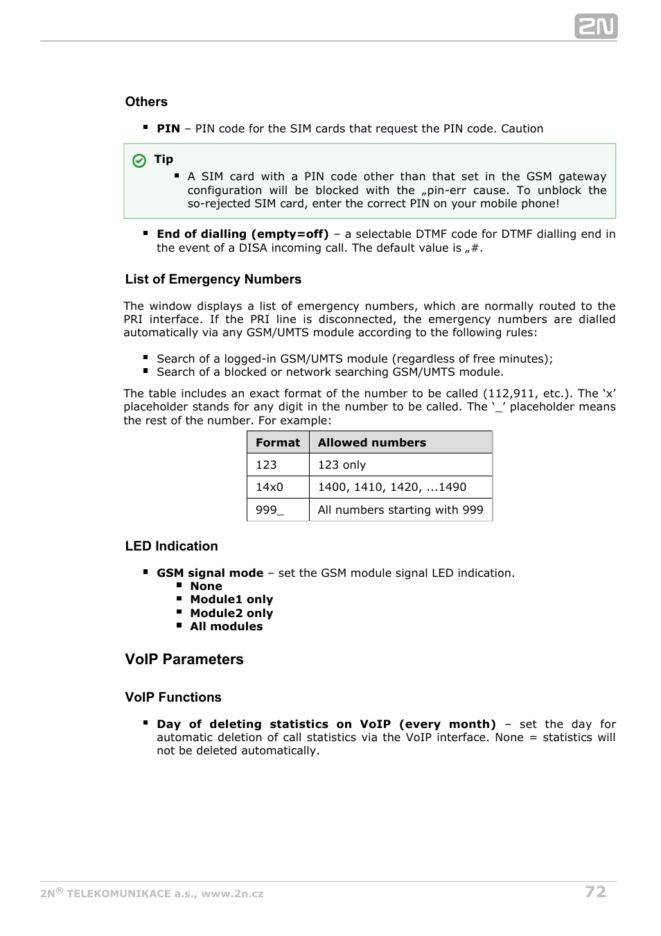 Voip parameters | 2N StarGate/BlueTower v5.6 User Manual | Page 72 / 178