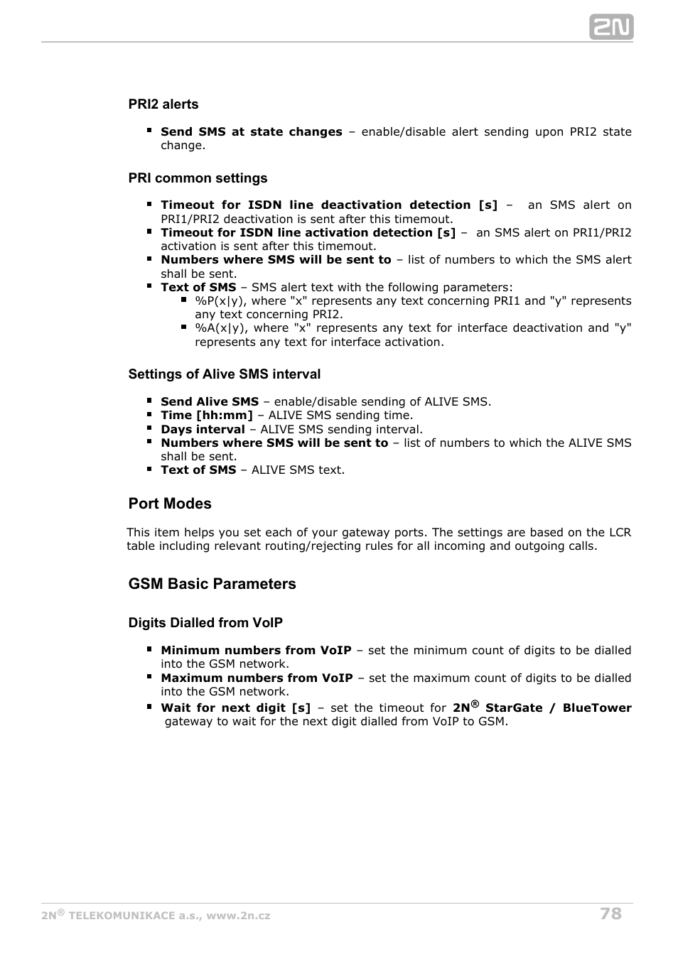 Port modes, Gsm basic parameters | 2N StarGate/BlueTower v5.6 User Manual | Page 78 / 178