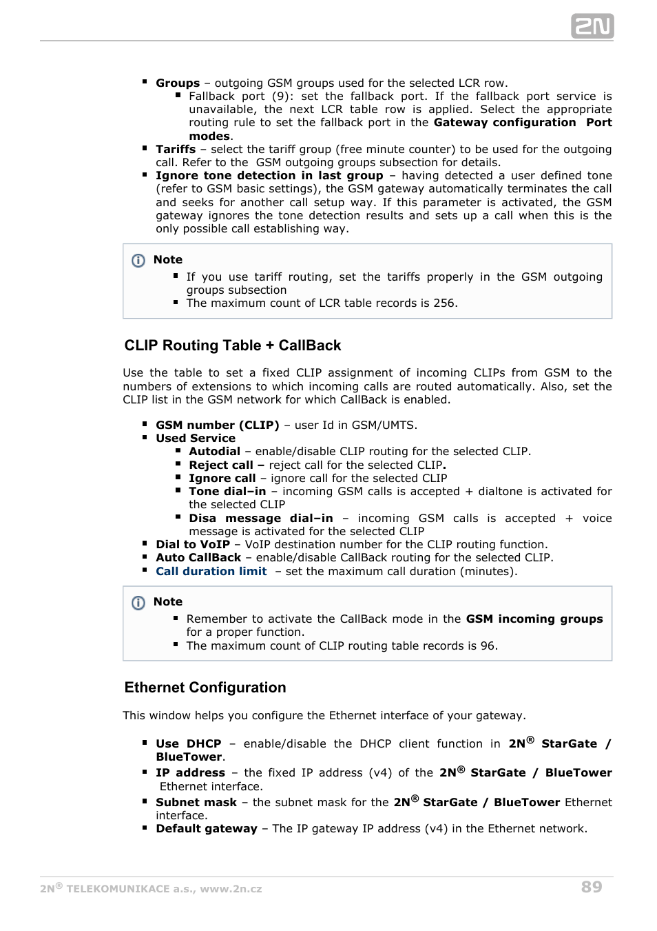 Clip routing table + callback, Ethernet configuration | 2N StarGate/BlueTower v5.6 User Manual | Page 89 / 178