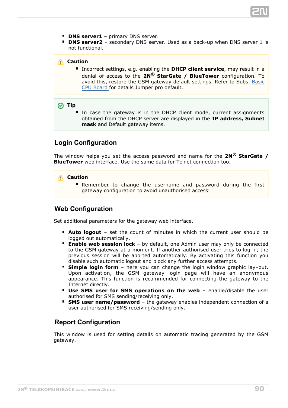 Login configuration, Web configuration, Report configuration | 2N StarGate/BlueTower v5.6 User Manual | Page 90 / 178